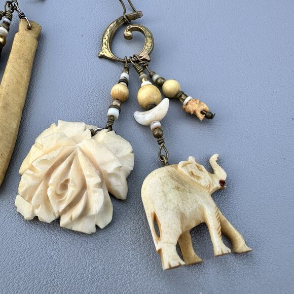 Vintage Boho Asymmetrical Carved Bone Statement Earrings 4” Drop Tribal Animal - Picture 2 of 6